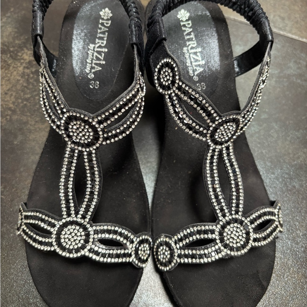 Patrizia Black Rhinestone T-Strap Sandals
